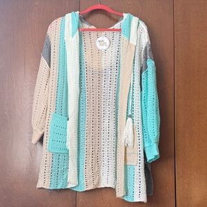 POL Crochet Hooded Cardigan in Mint, Gray, Cream & Beige NWT Sz Lg